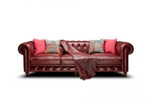 Antigo Bordo Üçlü Gerçek Deri Chesterfield Kanepe