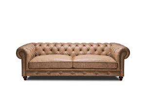 Vintage Üçlü Gerçek Deri Bej Chester Koltuk