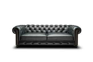 Vintage Mat Siyah Üçlü Gerçek Deri Chester Koltuk